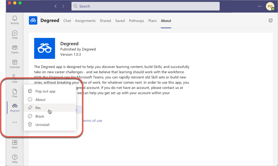 Fazer login no aplicativo da Degreed para Microsoft Teams Centro de